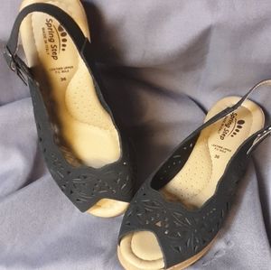 Ladies Spring Step sling back , low wedge, sandal. Black Leather upper 6.5
